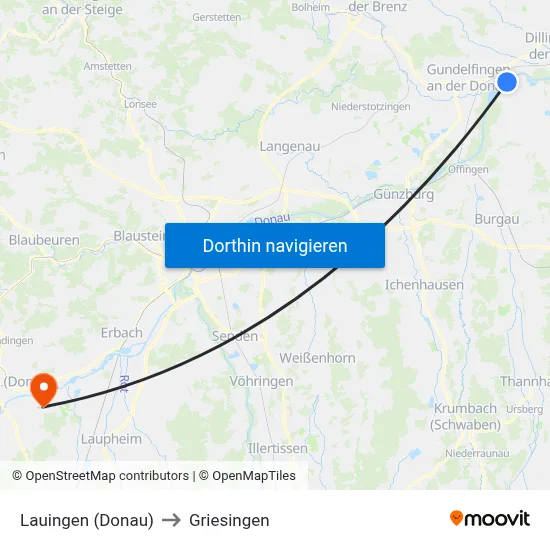 Lauingen (Donau) to Griesingen map