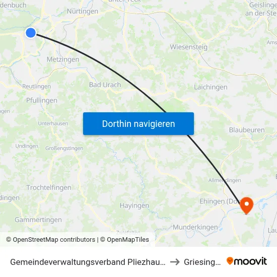Gemeindeverwaltungsverband Pliezhausen to Griesingen map