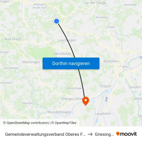 Gemeindeverwaltungsverband Oberes Filstal to Griesingen map
