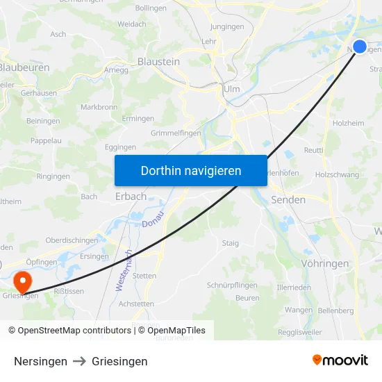 Nersingen to Griesingen map