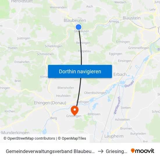 Gemeindeverwaltungsverband Blaubeuren to Griesingen map