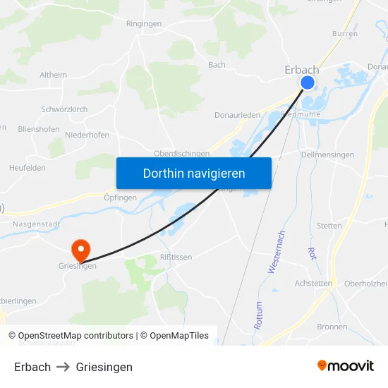 Erbach to Griesingen map