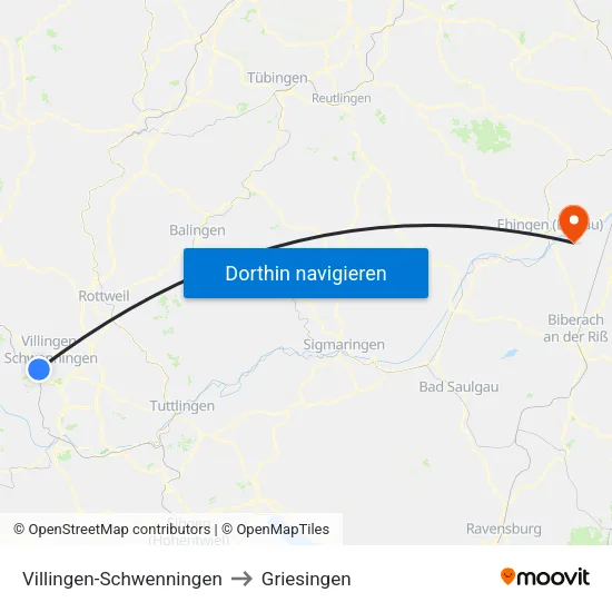 Villingen-Schwenningen to Griesingen map