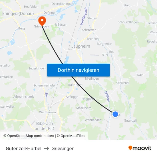 Gutenzell-Hürbel to Griesingen map