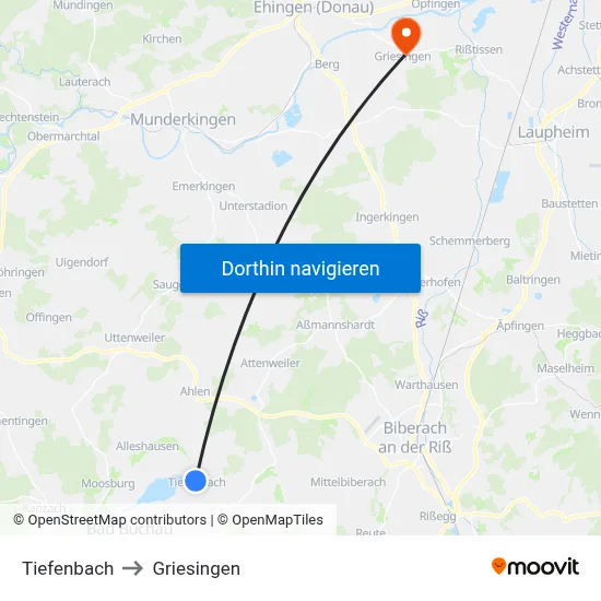 Tiefenbach to Griesingen map