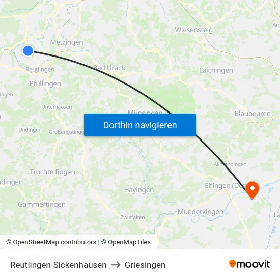 Reutlingen-Sickenhausen to Griesingen map