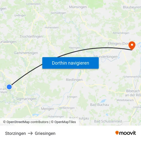 Storzingen to Griesingen map