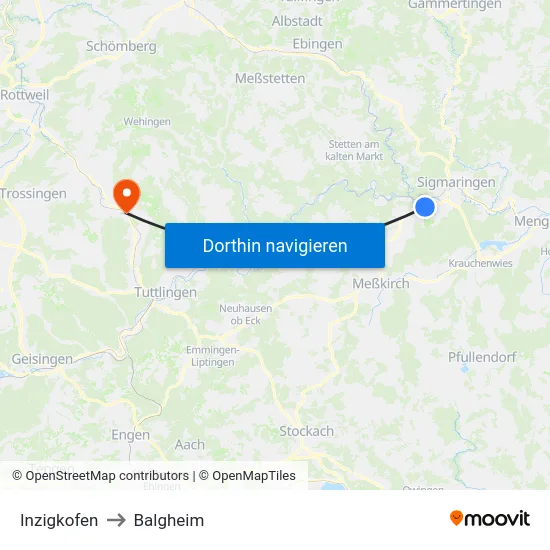 Inzigkofen to Balgheim map