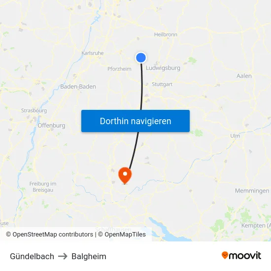 Gündelbach to Balgheim map