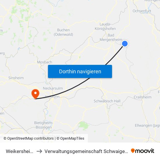 Weikersheim to Verwaltungsgemeinschaft Schwaigern map