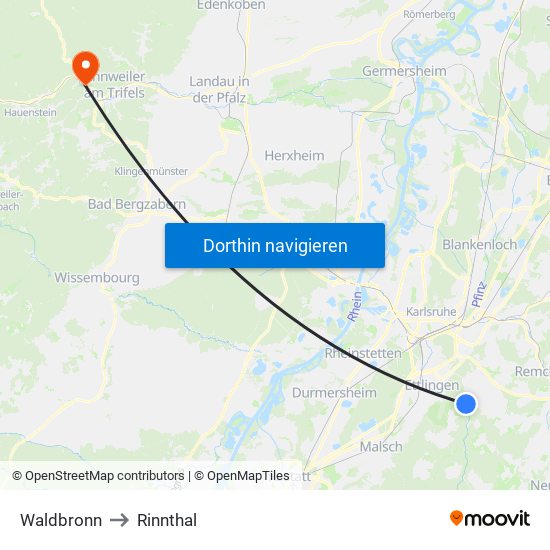 Waldbronn to Rinnthal map