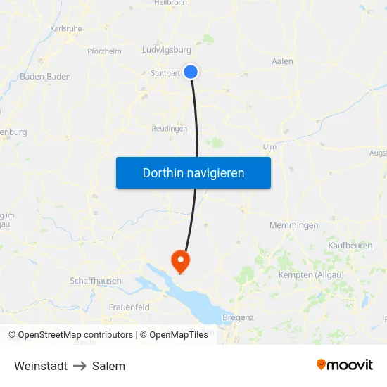 Weinstadt to Salem map