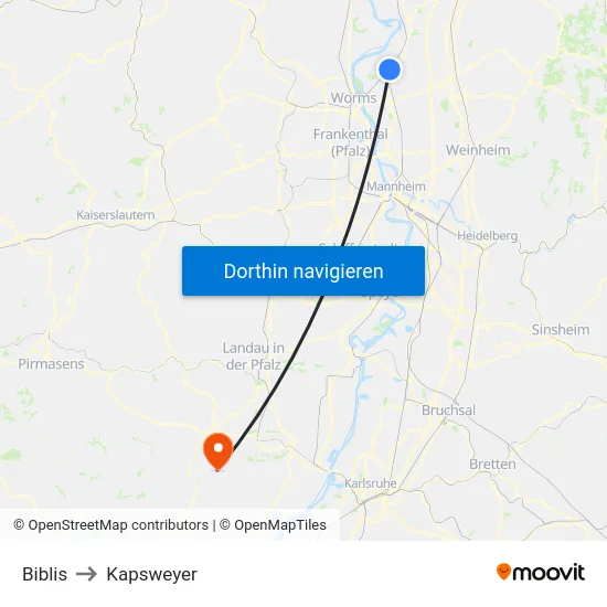 Biblis to Kapsweyer map