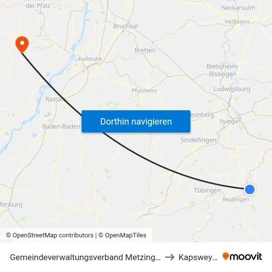 Gemeindeverwaltungsverband Metzingen to Kapsweyer map