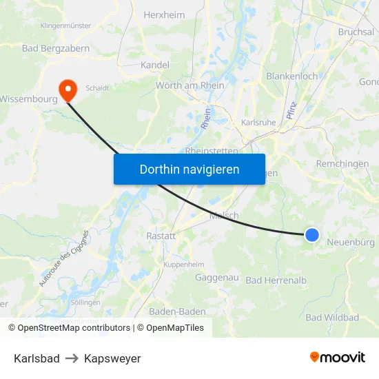 Karlsbad to Kapsweyer map