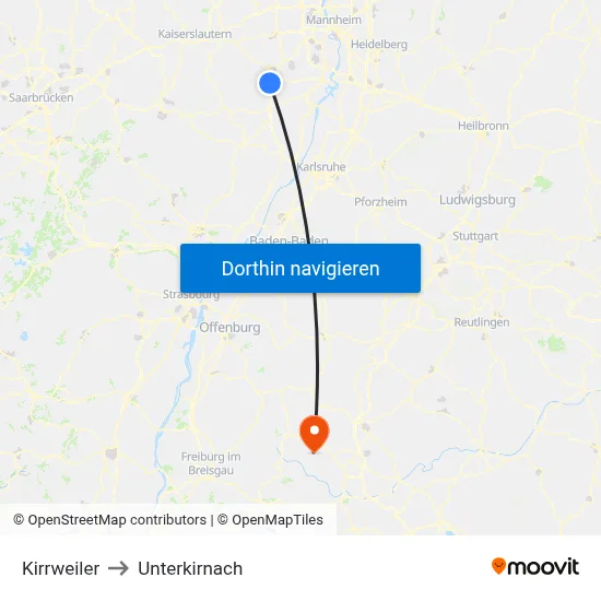 Kirrweiler to Unterkirnach map