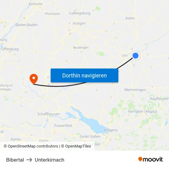 Bibertal to Unterkirnach map