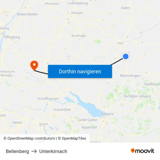 Bellenberg to Unterkirnach map