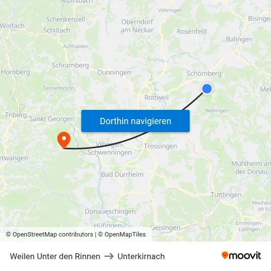 Weilen Unter den Rinnen to Unterkirnach map