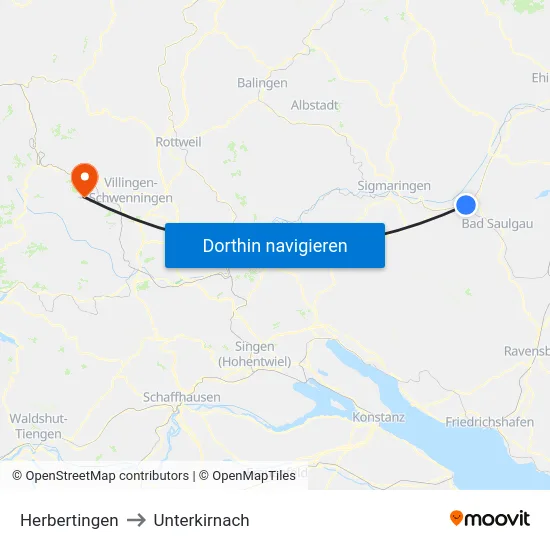 Herbertingen to Unterkirnach map