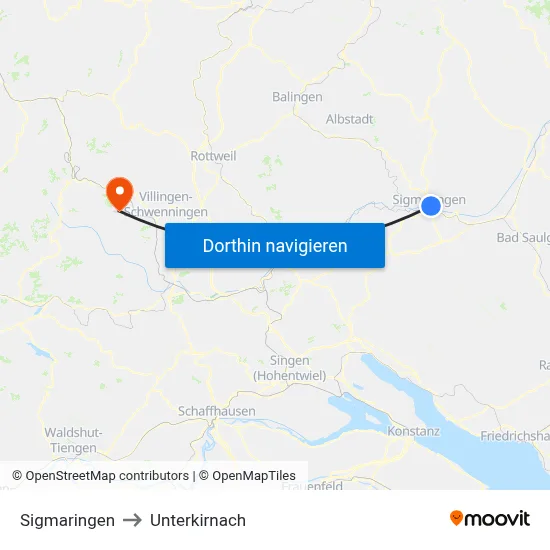 Sigmaringen to Unterkirnach map