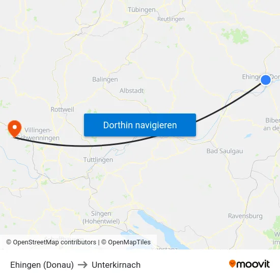Ehingen (Donau) to Unterkirnach map