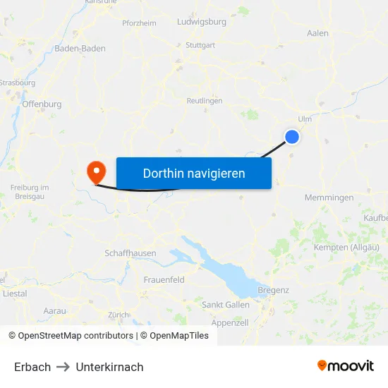 Erbach to Unterkirnach map