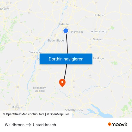 Waldbronn to Unterkirnach map
