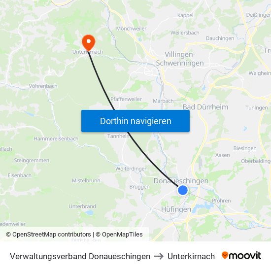 Verwaltungsverband Donaueschingen to Unterkirnach map