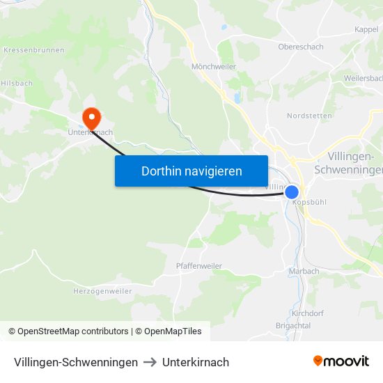Villingen-Schwenningen to Unterkirnach map