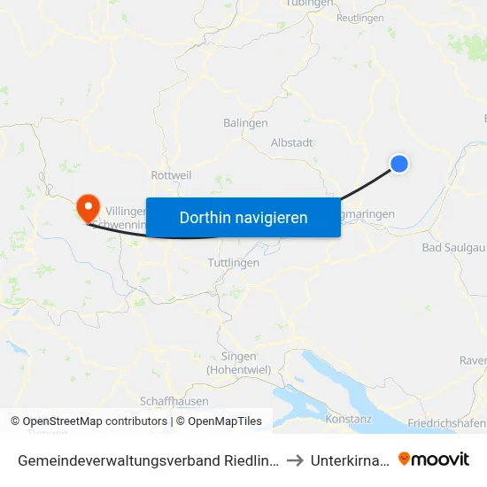 Gemeindeverwaltungsverband Riedlingen to Unterkirnach map