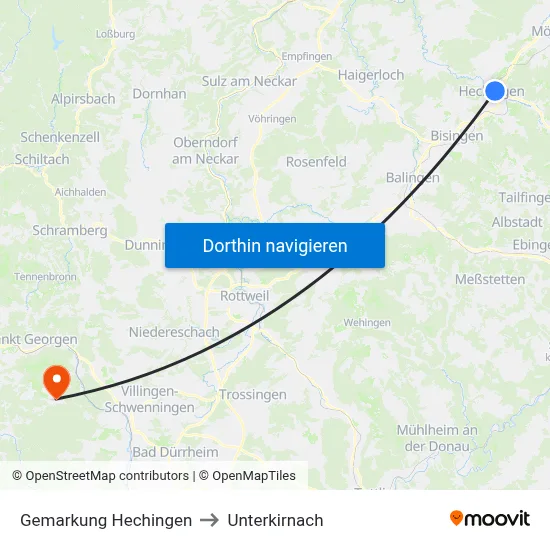Gemarkung Hechingen to Unterkirnach map