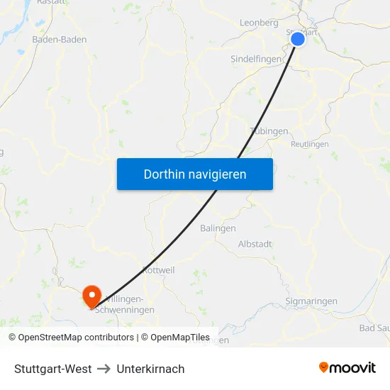 Stuttgart-West to Unterkirnach map
