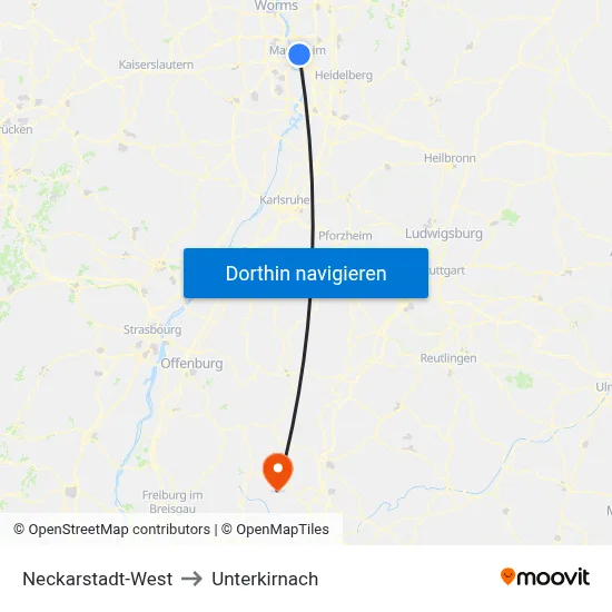 Neckarstadt-West to Unterkirnach map