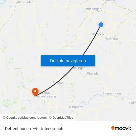 Dettenhausen to Unterkirnach map