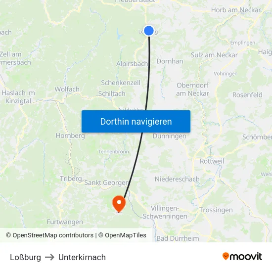 Loßburg to Unterkirnach map