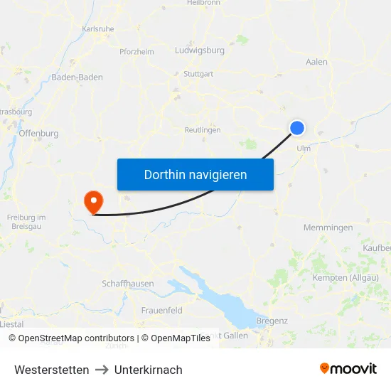 Westerstetten to Unterkirnach map