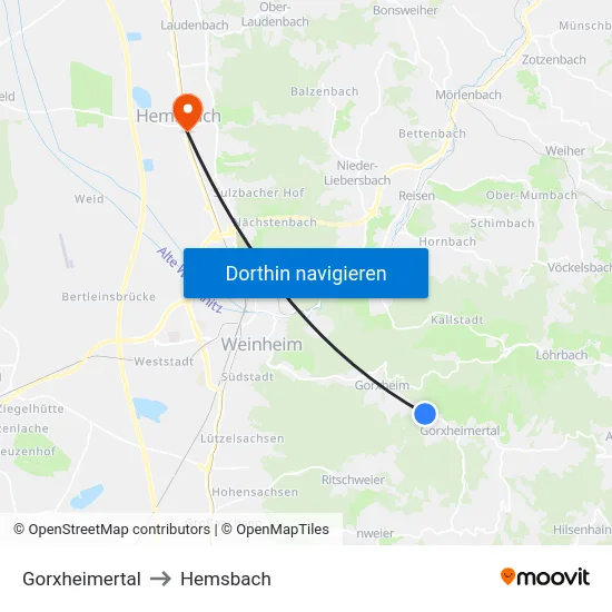 Gorxheimertal to Hemsbach map