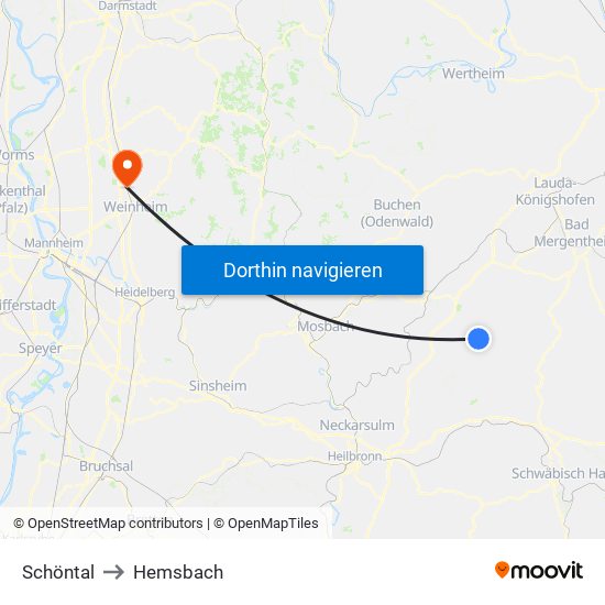 Schöntal to Hemsbach map