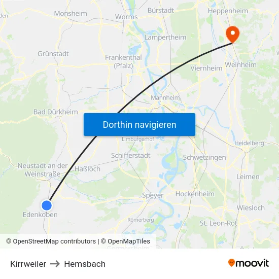 Kirrweiler to Hemsbach map
