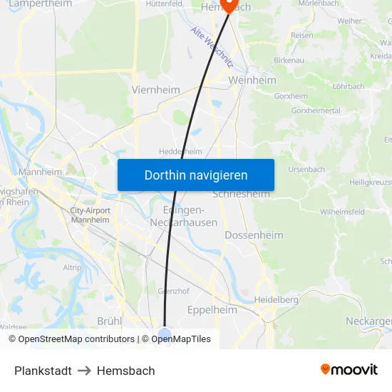 Plankstadt to Hemsbach map