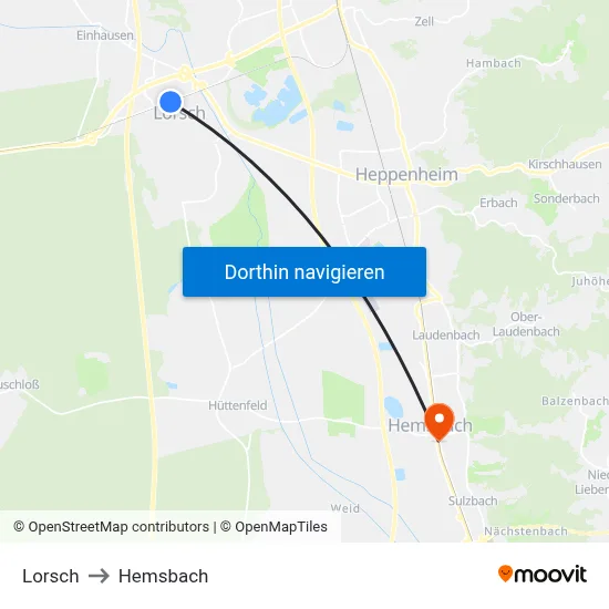 Lorsch to Hemsbach map