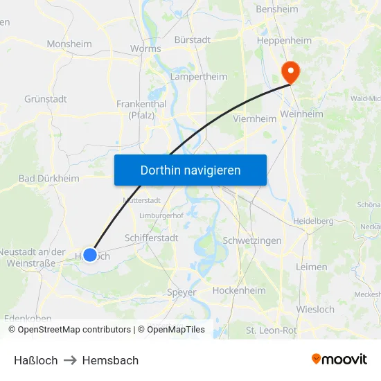 Haßloch to Hemsbach map