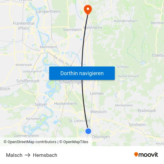 Malsch to Hemsbach map
