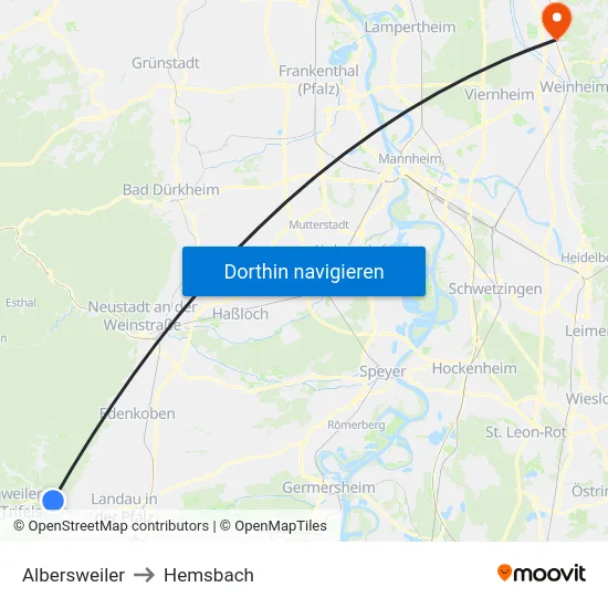 Albersweiler to Hemsbach map