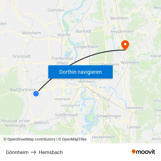 Gönnheim to Hemsbach map