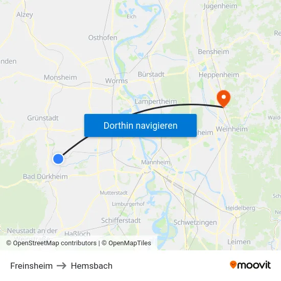 Freinsheim to Hemsbach map
