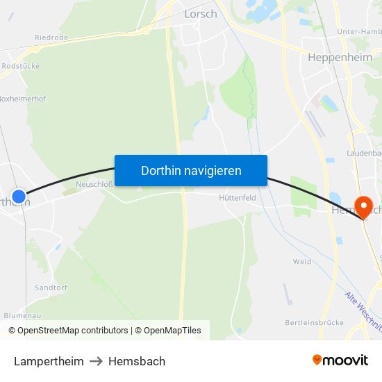 Lampertheim to Hemsbach map