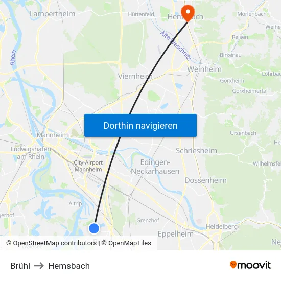 Brühl to Hemsbach map