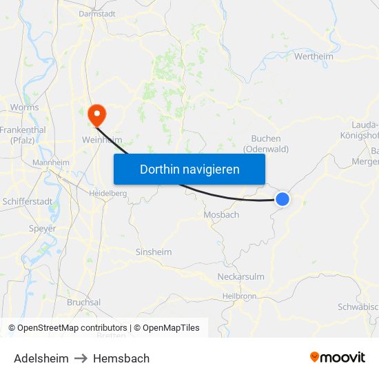 Adelsheim to Hemsbach map